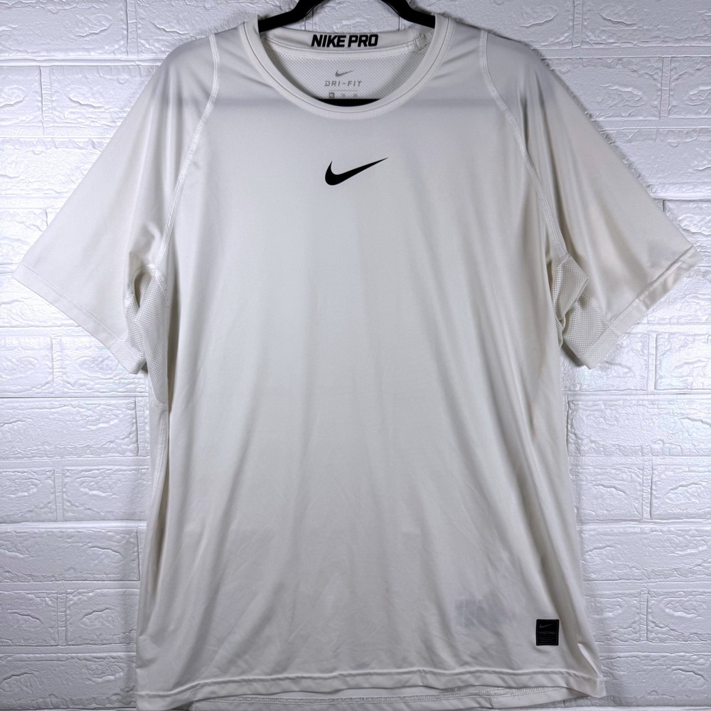 Nike Pro Training Shirt Mens XL White Dri-FIT Mesh Panel Short Sleeve Tee